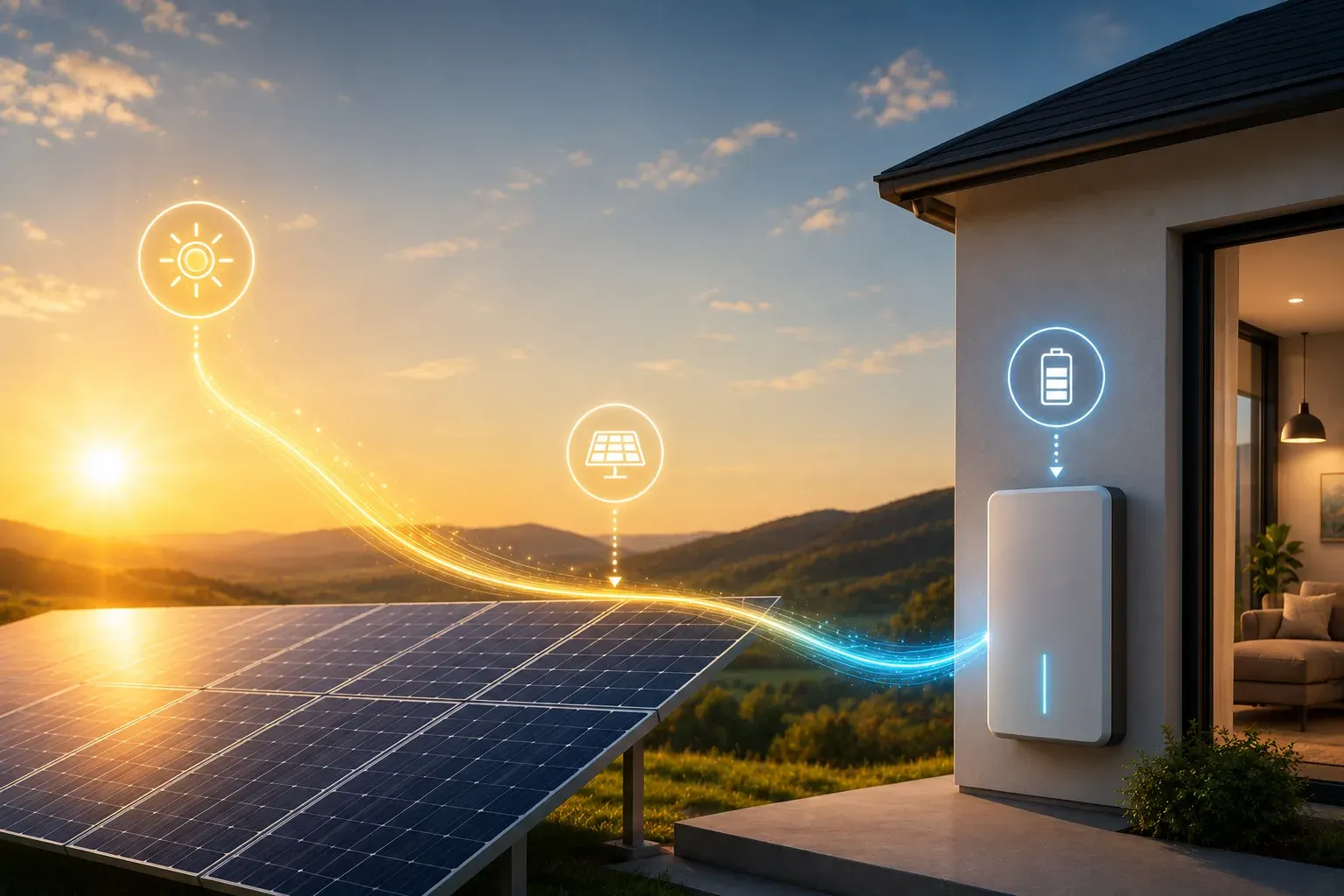 Zonnepanelen op een woning met thuisaccu bij zonsondergang